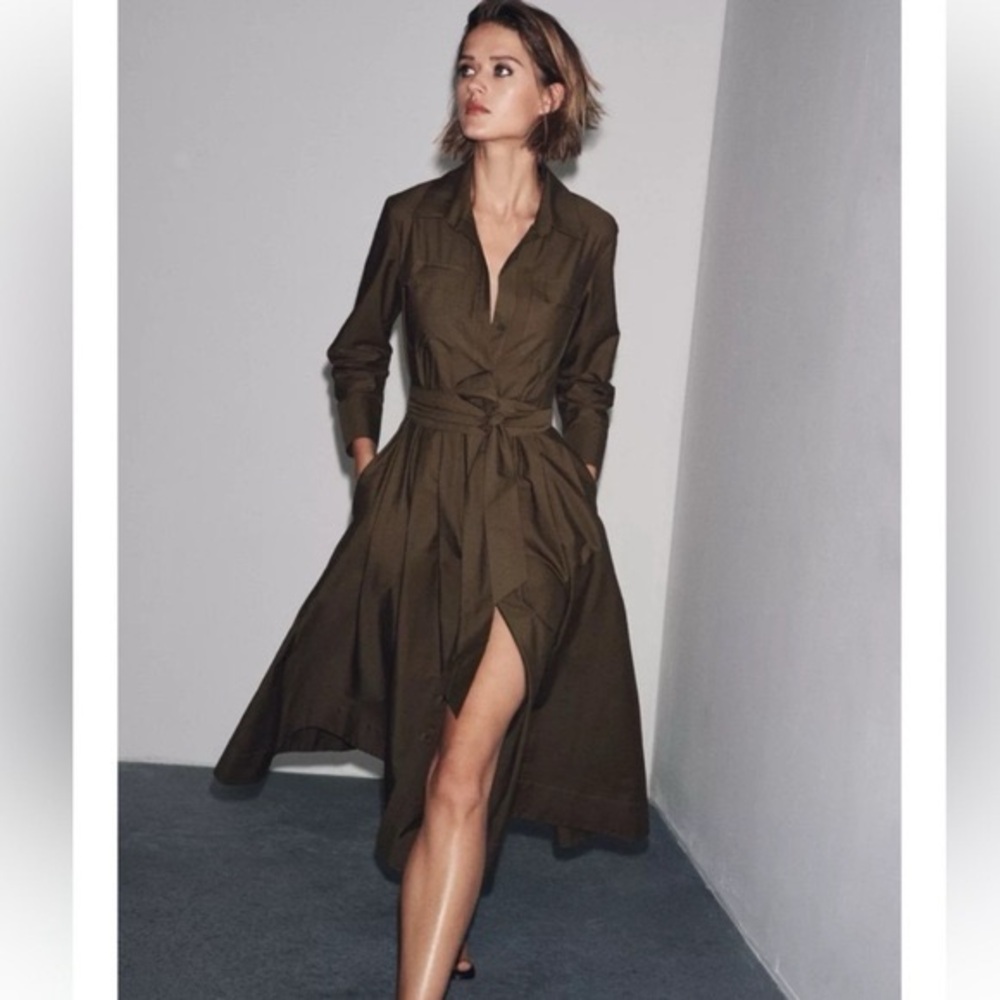 ZARA Long-Sleeve Cotton Poplin Shirt Dress with Belt| Brown S NWT
